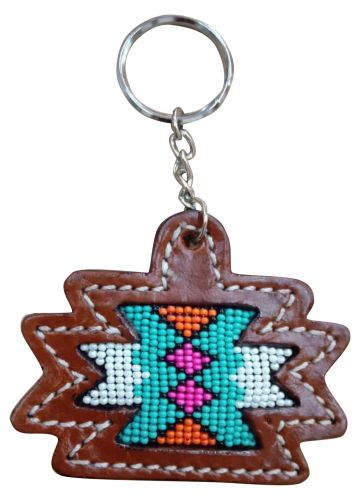 Showman Leather Aztec key chain with multi colored beaded Aztec inlay